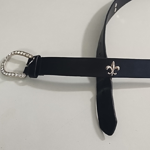 Black Belt Studded Silver Fleur-de-lis Studs & Rhinestones & Encrusted Buckle - Picture 2 of 16